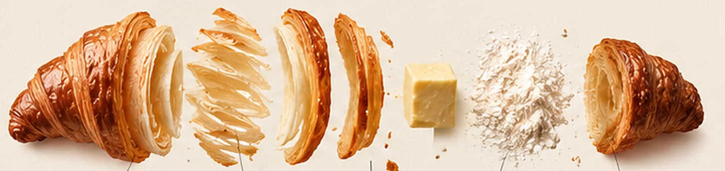 A croissant broken down: whole, sliced laminated layers, butter, flour and a cut croissant (interim image)