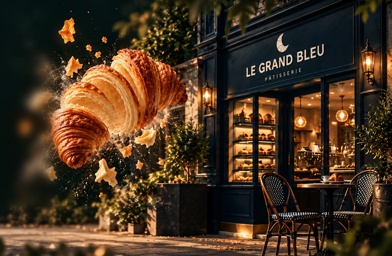 A golden croissant bursting with flakes beside the Le Grand Bleu Pâtisserie shopfront at night (interim image)