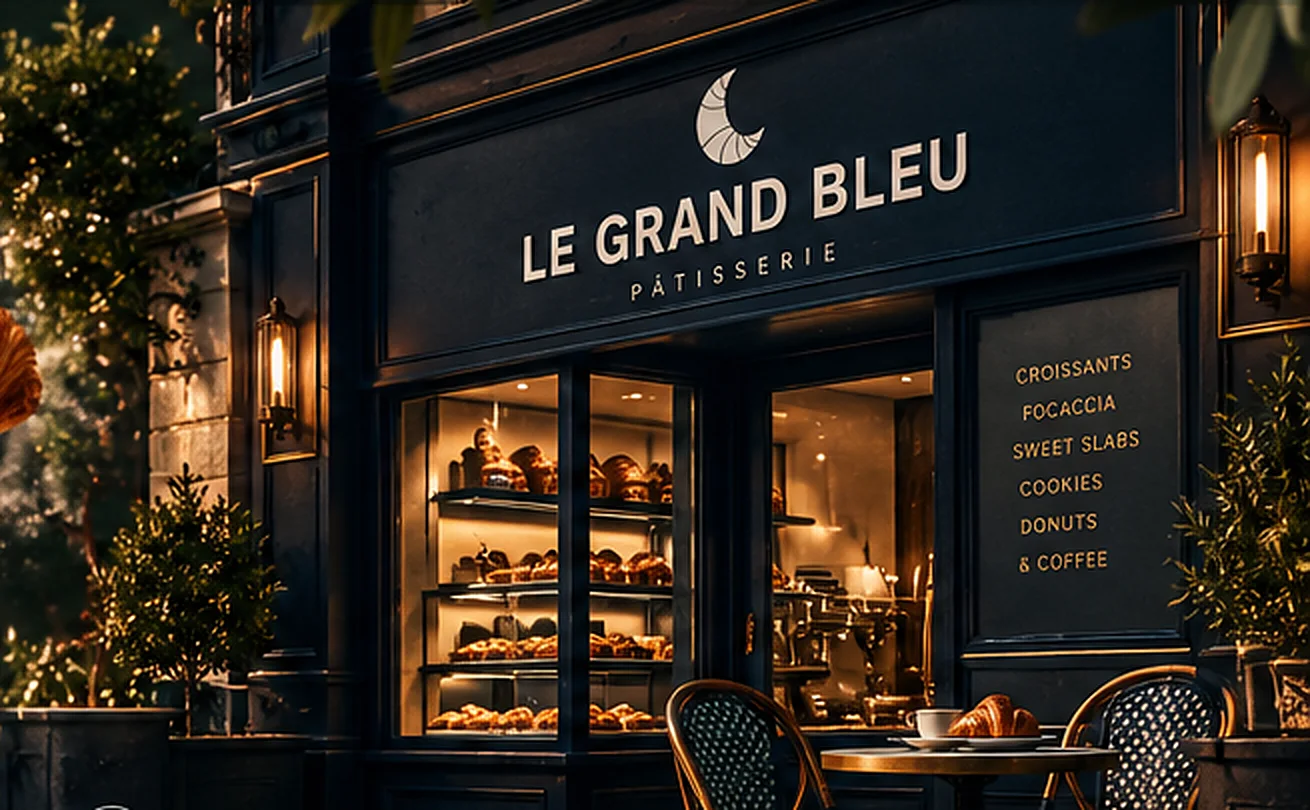 Le Grand Bleu Pâtisserie shopfront at night, warm-lit windows and café chairs (interim image)
