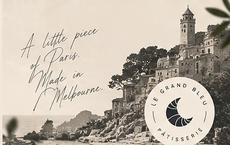 Vintage sketch of a French hillside village with the script 'A little piece of Paris. Made in Melbourne.' (interim image)